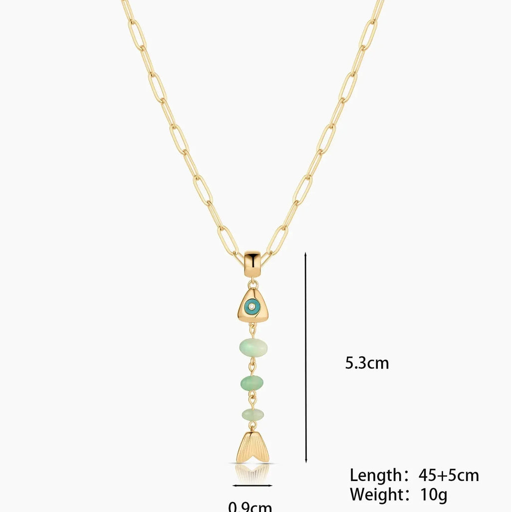 18k Gold Plated Stainless Steel Fishbone Pendant Necklace Featuring White Opal Charm for Women