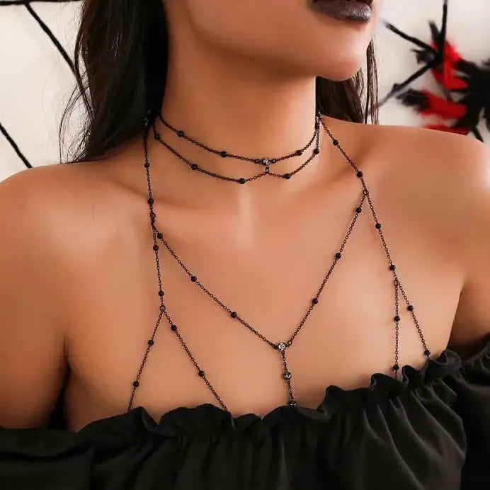 Black Copper Geometric Cross Chain Bikini Chest Rhinestone Body Jewelry