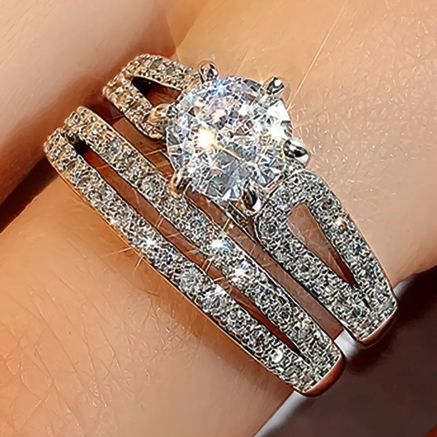Luxury Wedding Rings for Women Iced Out AAA Cubic Zirconia Band Set