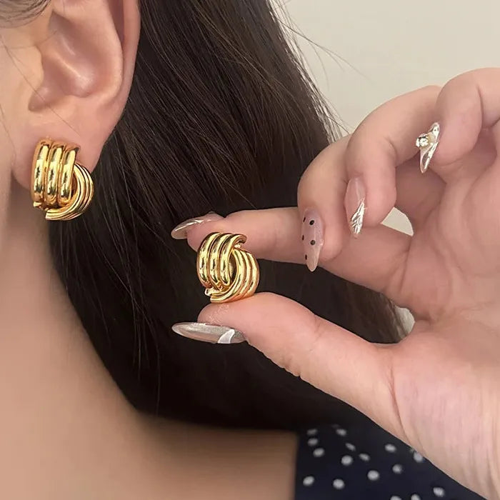 Vintage Glossy Three-Layer Textured Knot Zinc Alloy Stud Earrings for Women