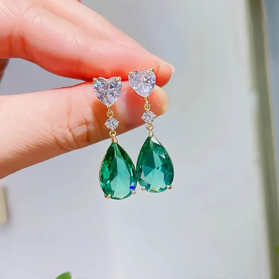 Elegant Blue Green Geometric Drop Earrings with Pear Cubic Zirconia