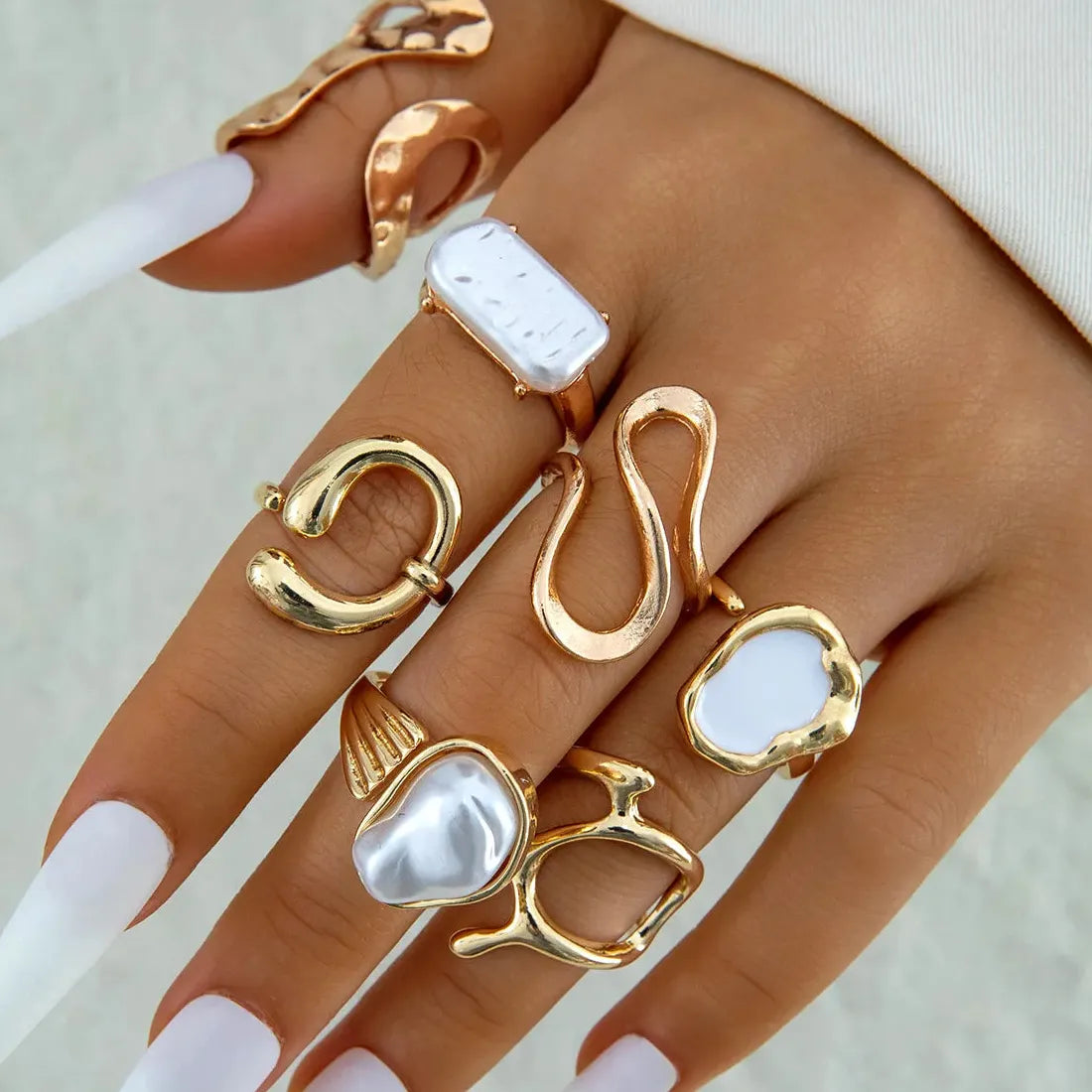 5Pcs Retro Baroque Pearl Asymmetric Geometric Gold Rings Set for Women Jewelry