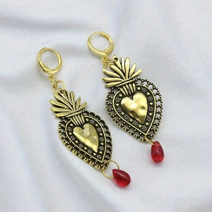 Vintage Sparkling Red Water Drop Pendant Earrings Zinc Alloy Sacred Heart Mom Gift