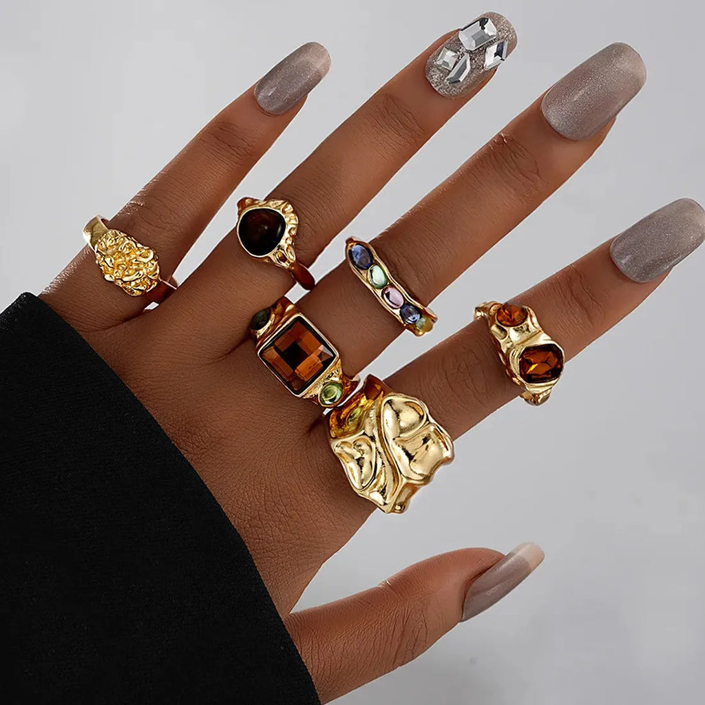 6Pcs Unisex Punk Gothic Geometric Crystal Metal Rings Durable Fashion Jewelry