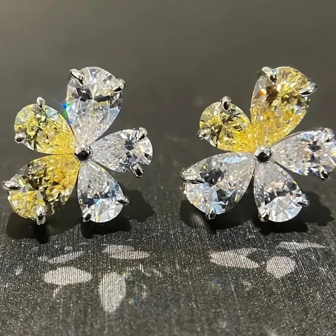 Flower Stud Earrings with Yellow & White Cubic Zirconia Brass Gift for Women