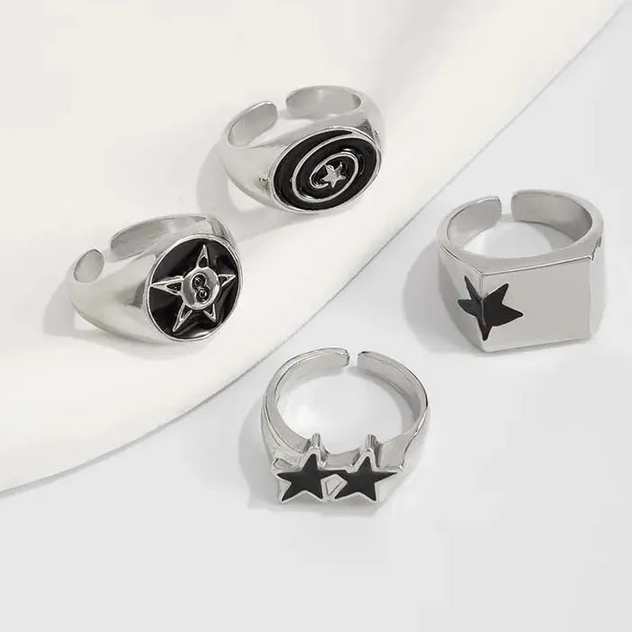 4Pcs Men’s Black Star Wide Hip Hop Geometric Rings Set Adjustable