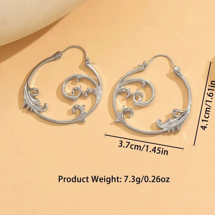 Vintage Silver Copper Metal Carved Geometric Spiral Drop Earrings Women