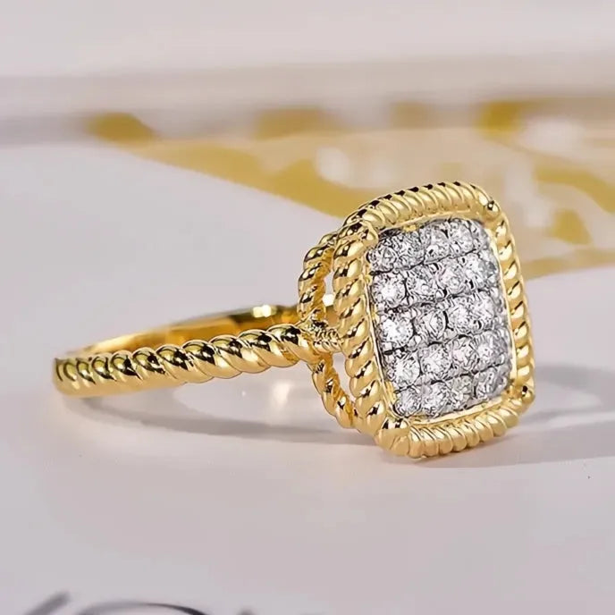 Modern Two-Tone Brass Women’s Wedding Band Ring Square Shape Cubic Zirconia Jewelry