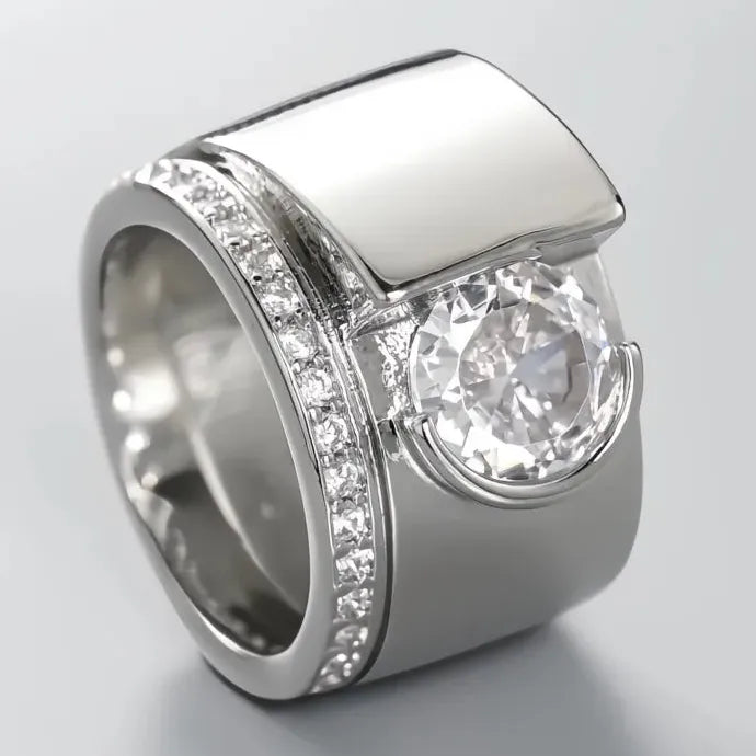 Women Silver Color Geometric Brass Ring with Bright Round CZ Stones Cocktail