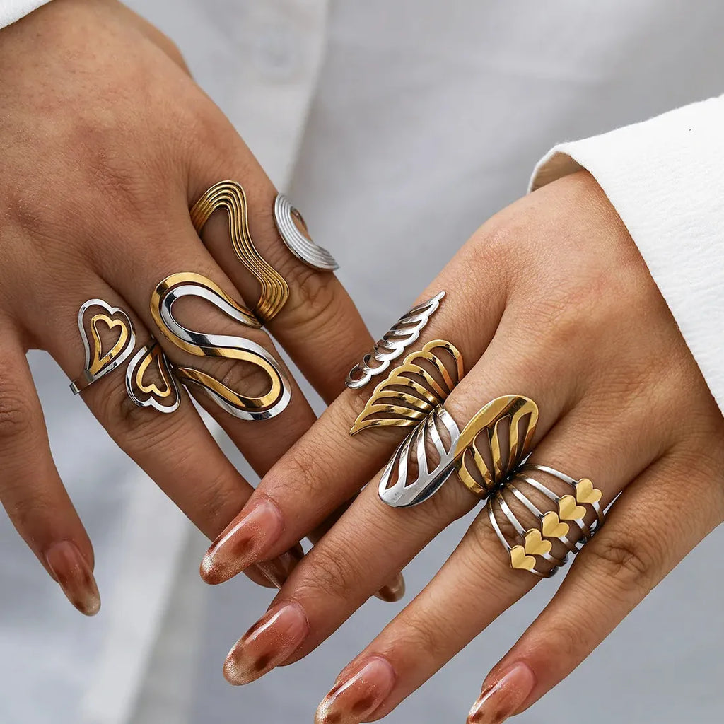 Vintage Geometric Multi-Layer Irregular Leaf Heart Stainless Steel Cocktail Ring