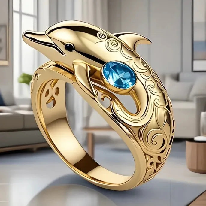 Women’s Brass Dolphin Cocktail Ring with Blue CZ Cubic Zirconia Animal Design