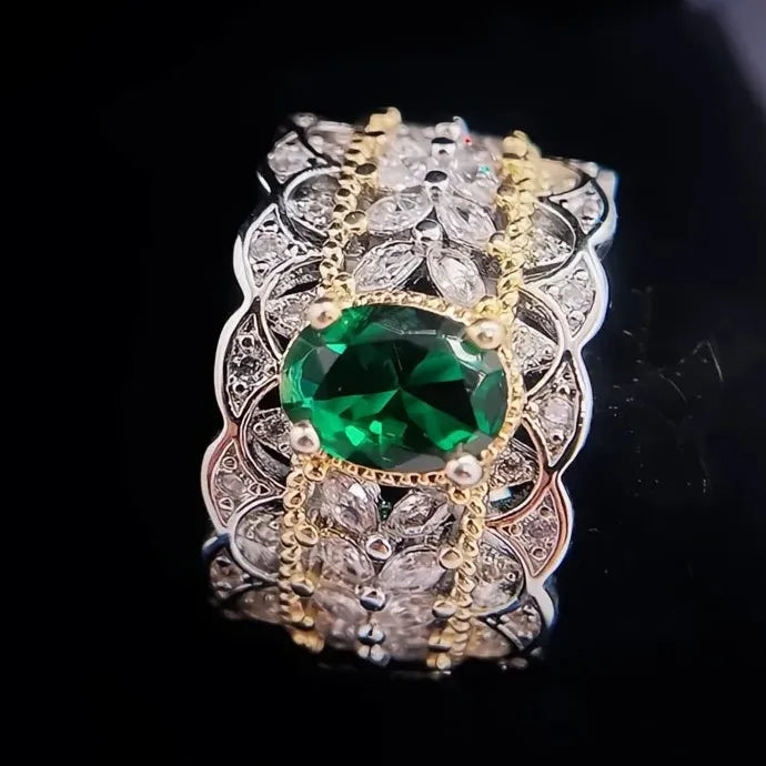 Resizable Two Tone Green Cubic Zirconia Brass Ring for Women Wedding Party
