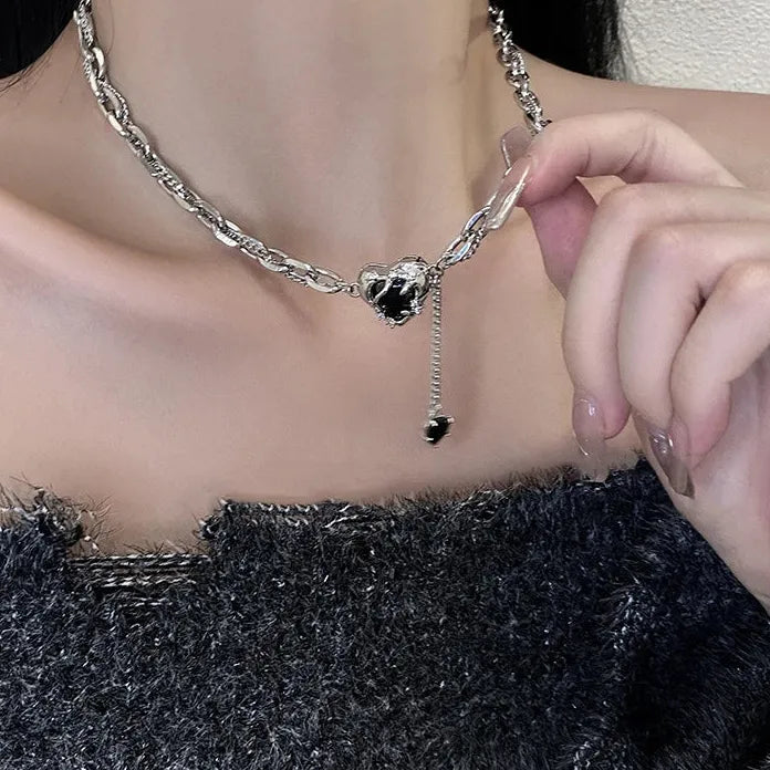 Black Zircon Heart Star Sun Pendant Zinc Alloy Choker Necklace Y2K EMO Vintage