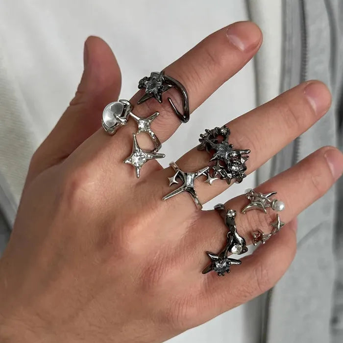 6Pcs Adjustable Metal Pentagram Star Rings Set Hip-Hop Punk Men Jewelry
