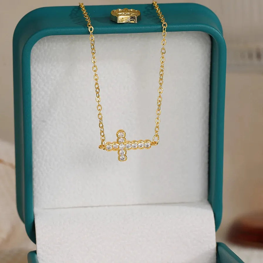 18K Gold Plated Geometric Palm Love Heart Cross Pendant Necklace CZ Charm