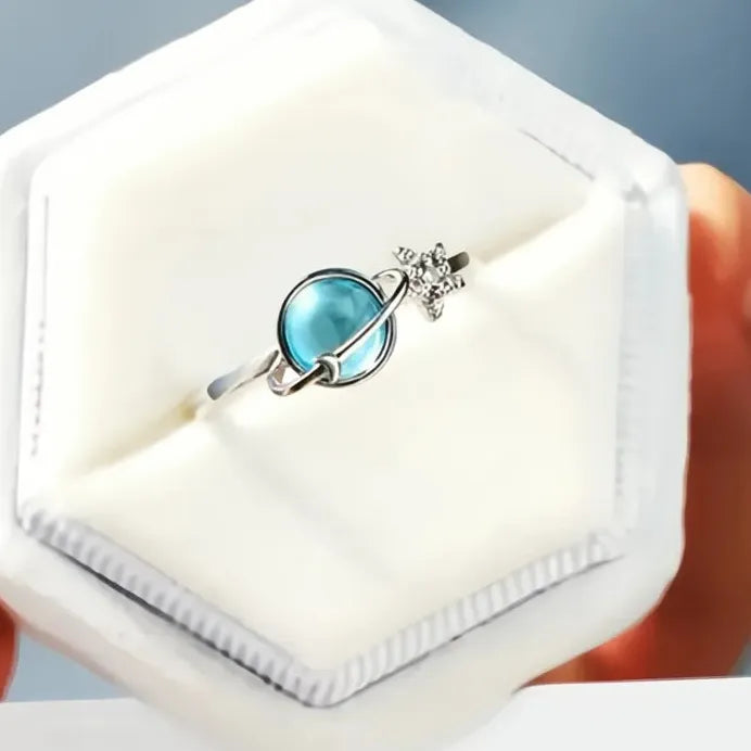 Geometric Blue Planet & Silver Star Pave Opening Rings for Women Gift