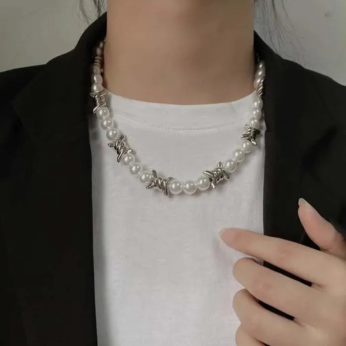 Punk Pearl Barbed Wire Chain Necklace Gothic Metal Jewelry Gift Men Women