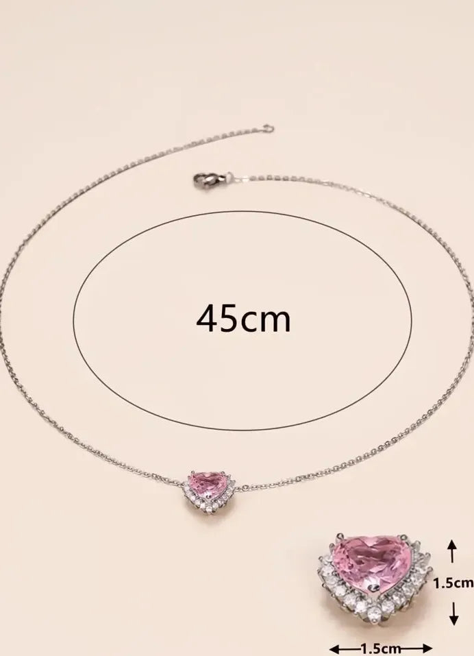 Pink Heart CZ Pendant Necklace Romantic Wedding Engagement Gift Jewelry