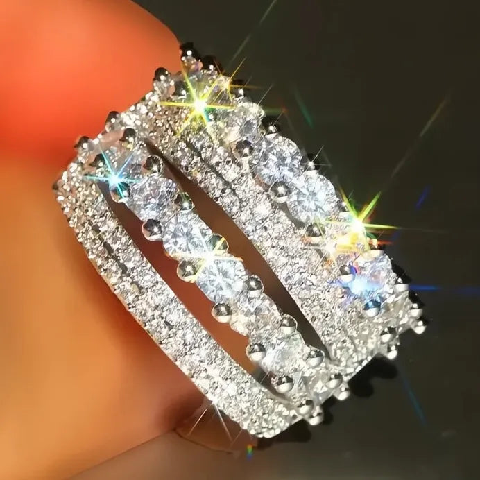 Luxury Wide Silver Wedding Band for Women Full Paved Cubic Zirconia Ring