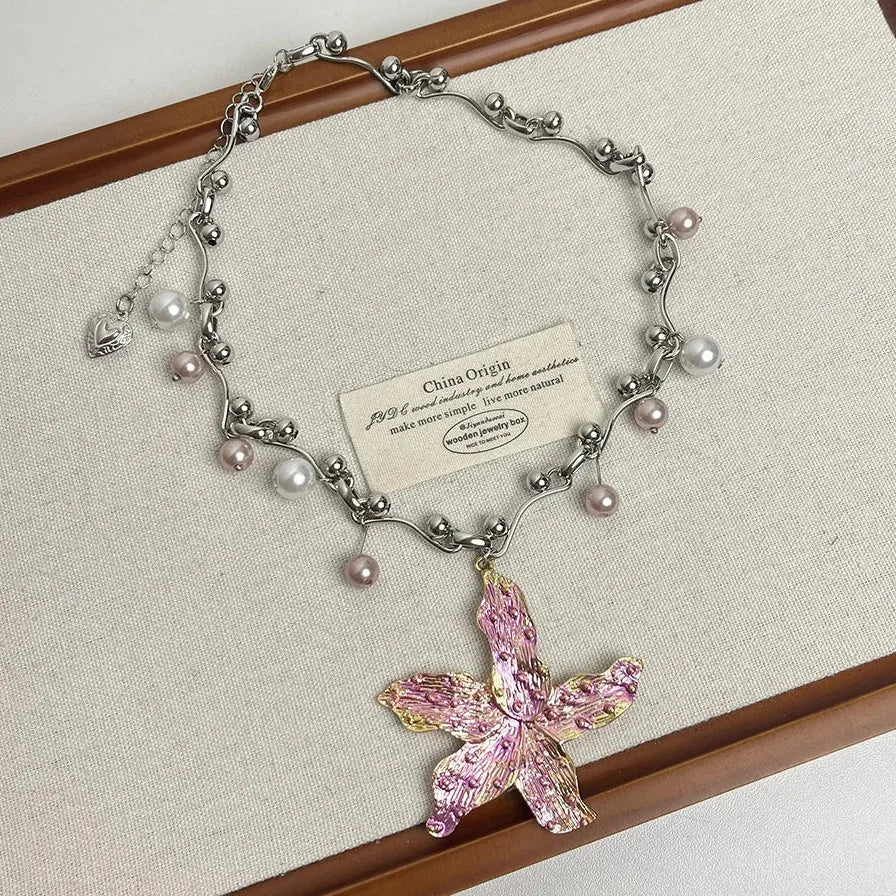 Vintage Purple Pink Starfish Flower Pearl Necklace with Zinc Alloy Pendant