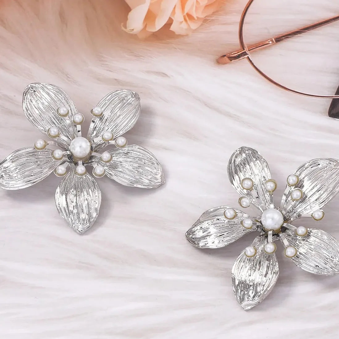 Vintage Texture Large Flower Pearl Drop Earrings for Women Jewelry Gift