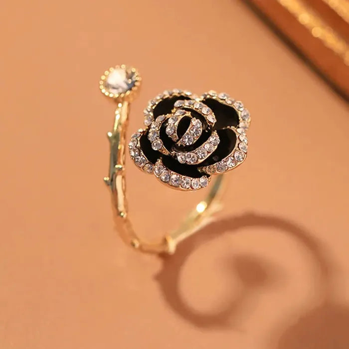 Black Rose Flower Metal Opening Ring for Women Girls with Zircon Jewelry