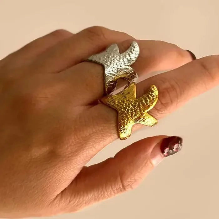 Adjustable Gold Stainless Steel Starfish Ring for Women Beach Jewelry