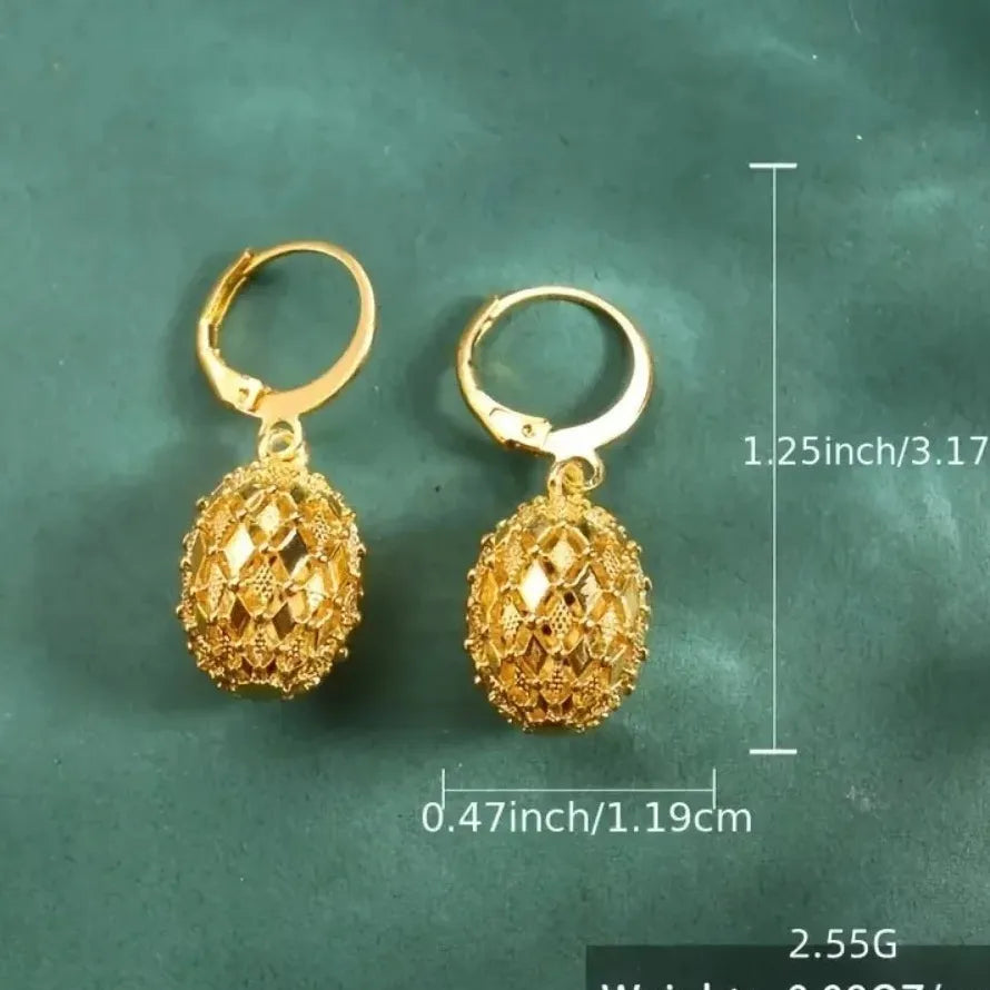 Vintage Hand Engraved Pattern Gold Plated Zinc Alloy Drop Hoop Earrings Women