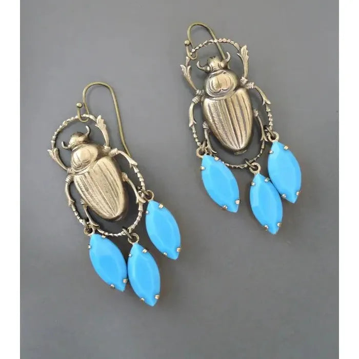Vintage Blue Gemstone Beetle Pendant Drop Earrings Zinc Alloy Jewelry for Women