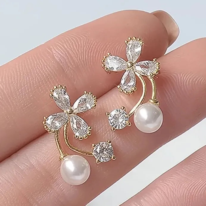 Simulated Pearl & Cubic Zirconia Crystal Flower Stud Earrings for Women