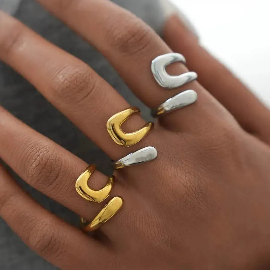 Vintage Stainless Steel U-Shaped Water Droplet Ring Minimalist Cocktail Jewelry