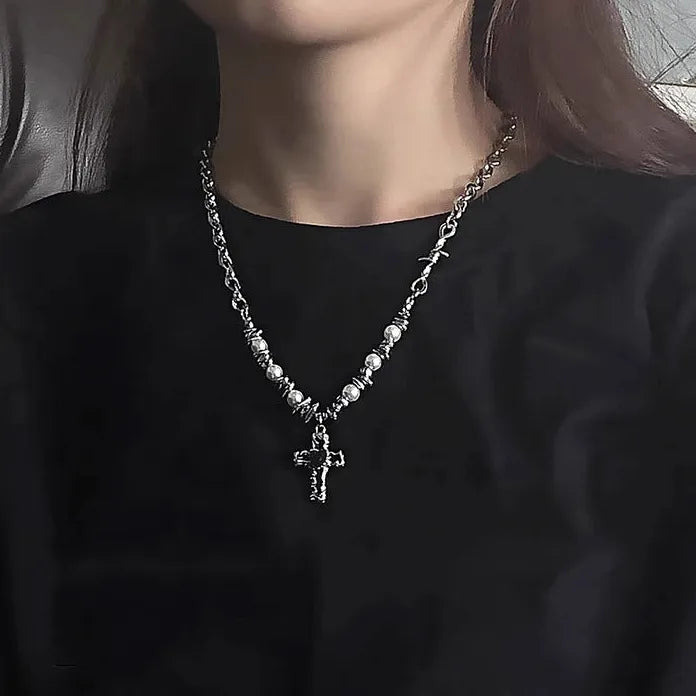 Stainless Steel Black Heart Cross Pendant Necklace Gothic Y2K Punk Choker