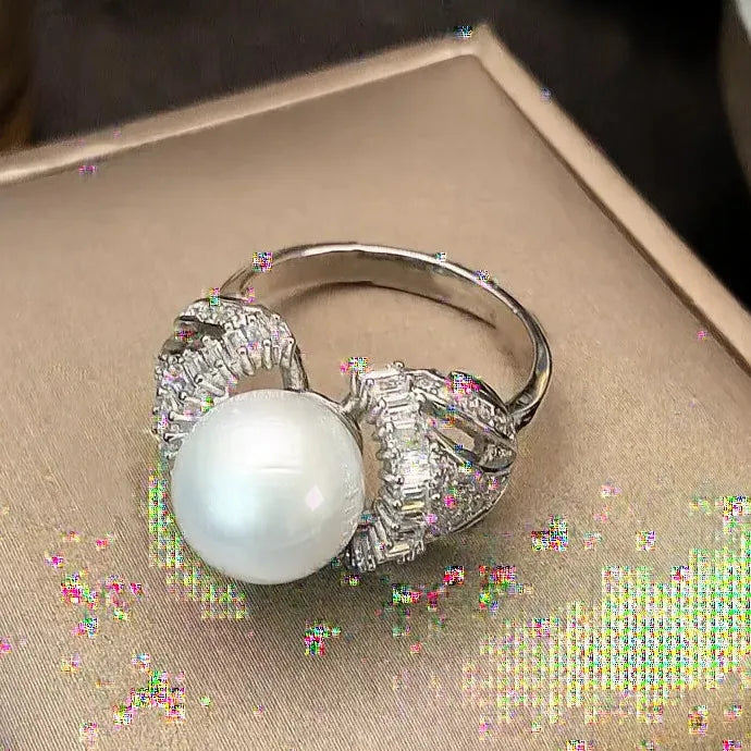 Simulated Pearl Cocktail Ring with Cubic Zirconia Brass Engagement Gift