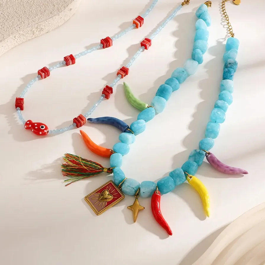 Stackable Natural Stone Bell Pepper Collar Necklace Women Stainless Steel Choker Pendant