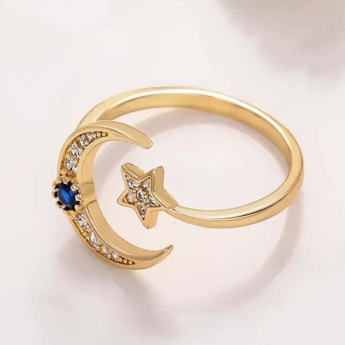Adjustable Star and Moon Brass Ring with Cubic Zirconia for Women
