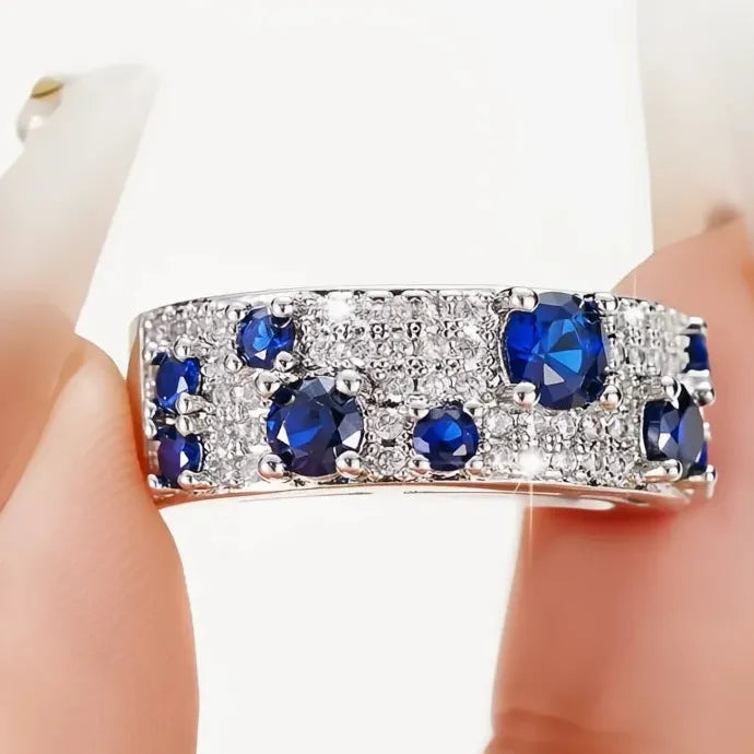 Blue White CZ Geometric Brass Wedding Engagement Ring for Women