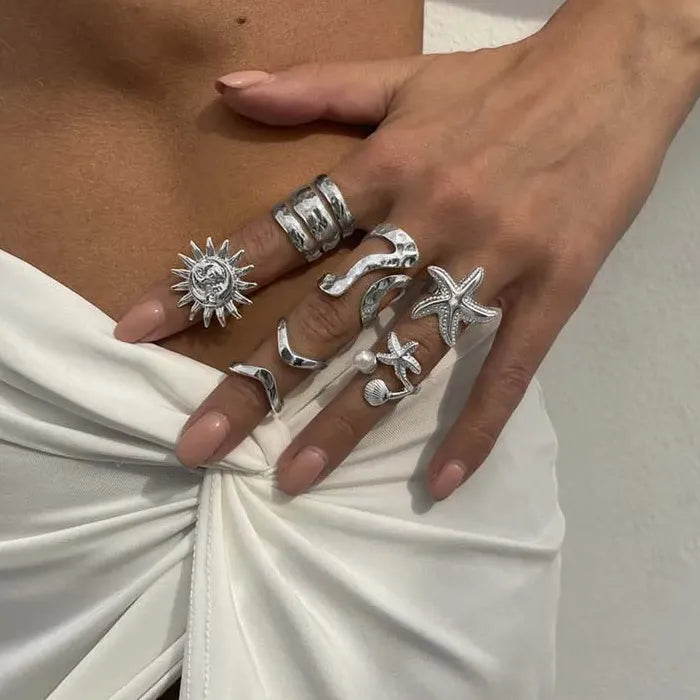 6Pcs Vintage Gold Starfish Sun Open Ring Set Punk Beach Jewelry