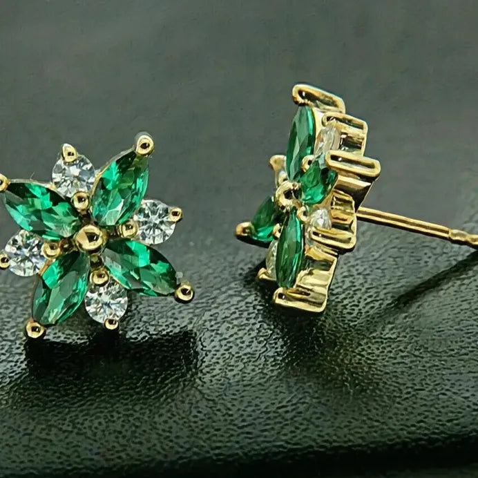 Gold Women Geometric Flower Stud Earrings with White Green CZ for Wedding