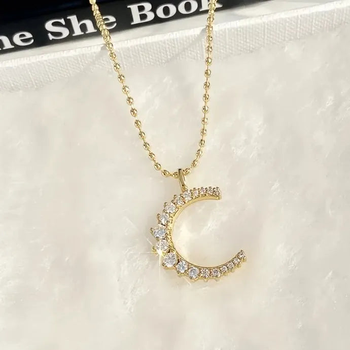 Shiny CZ Moon Pendant Necklace for Women Wedding Engagement Copper Alloy