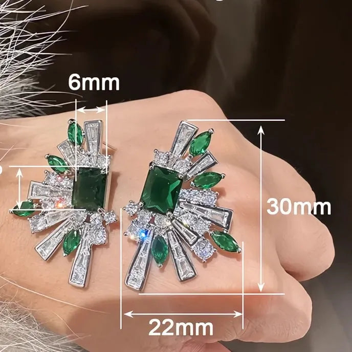 Luxury Women Geometric Copper Alloy Stud Earrings Inlaid Green White CZ Jewelry Gift