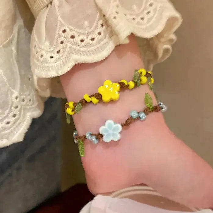 Ceramic Yellow Flower Beaded Rope Bracelet for Women Girls Spring Summer Jewelry