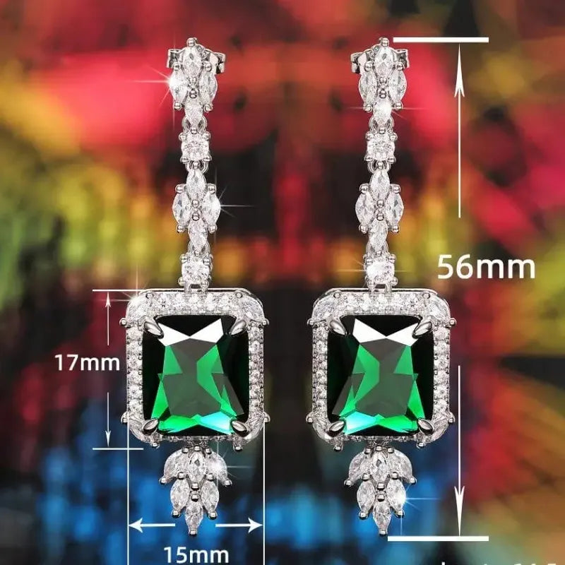 Green Imitation Crystal Flower Pendant Earrings with Metal Leaf Copper Gift