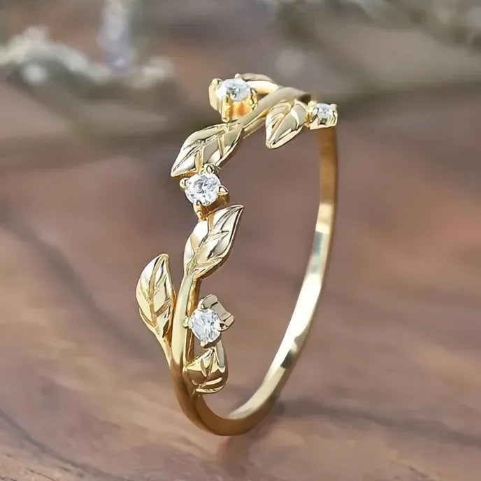 Gold Color Leaf Ring for Women Wedding Band Brass Cubic Zirconia Crystal Jewelry