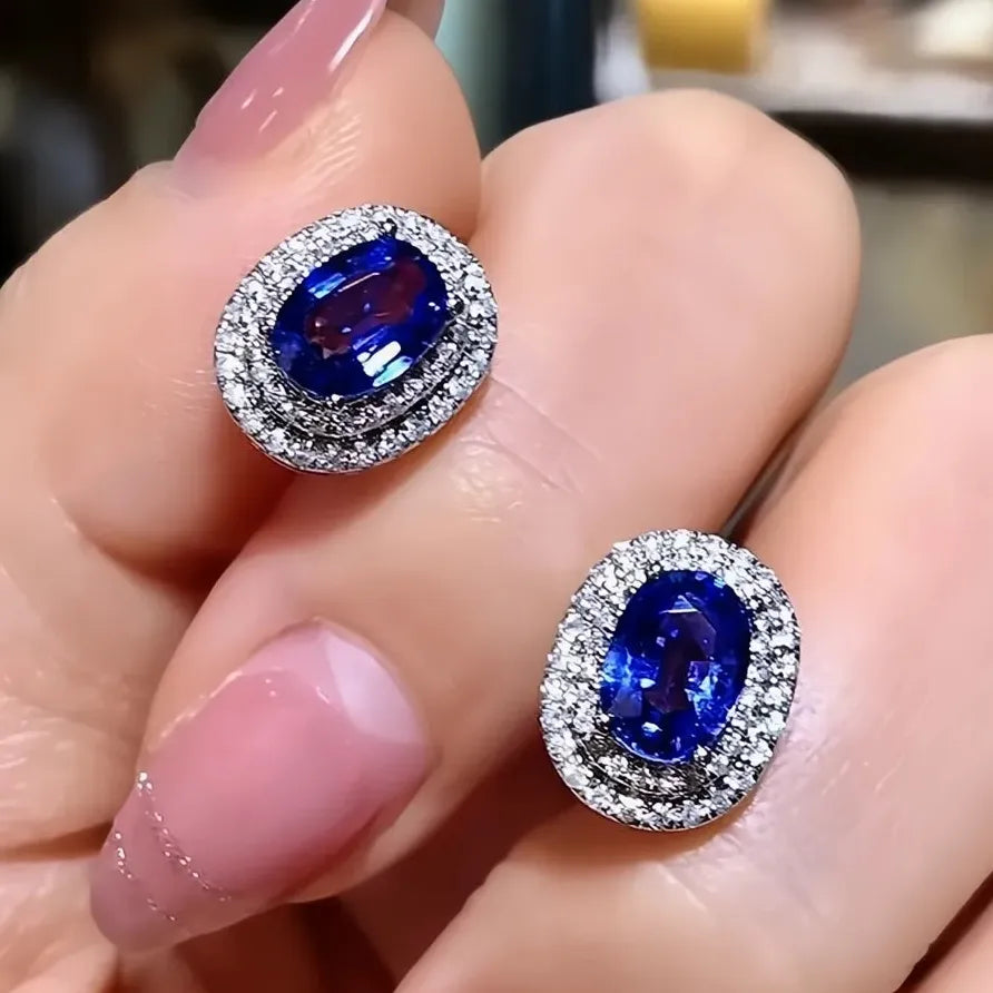 Blue White CZ Oval Geometric Stud Earrings for Wedding Party Women