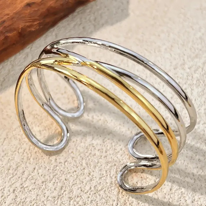 Stainless Steel Geometric Cuff Bracelet Open Bangle Minimalist Waterproof Jewelry