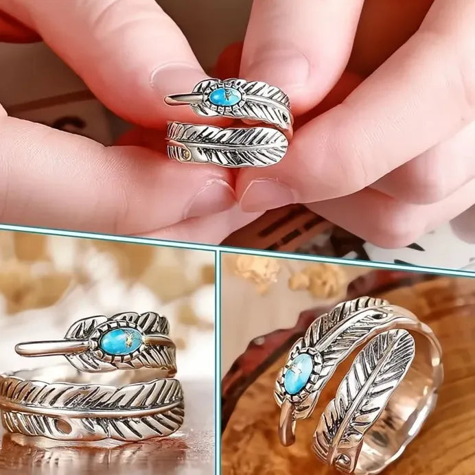 Vintage Feather Ring with Imitation Turquoise for Women Silver Jewelry