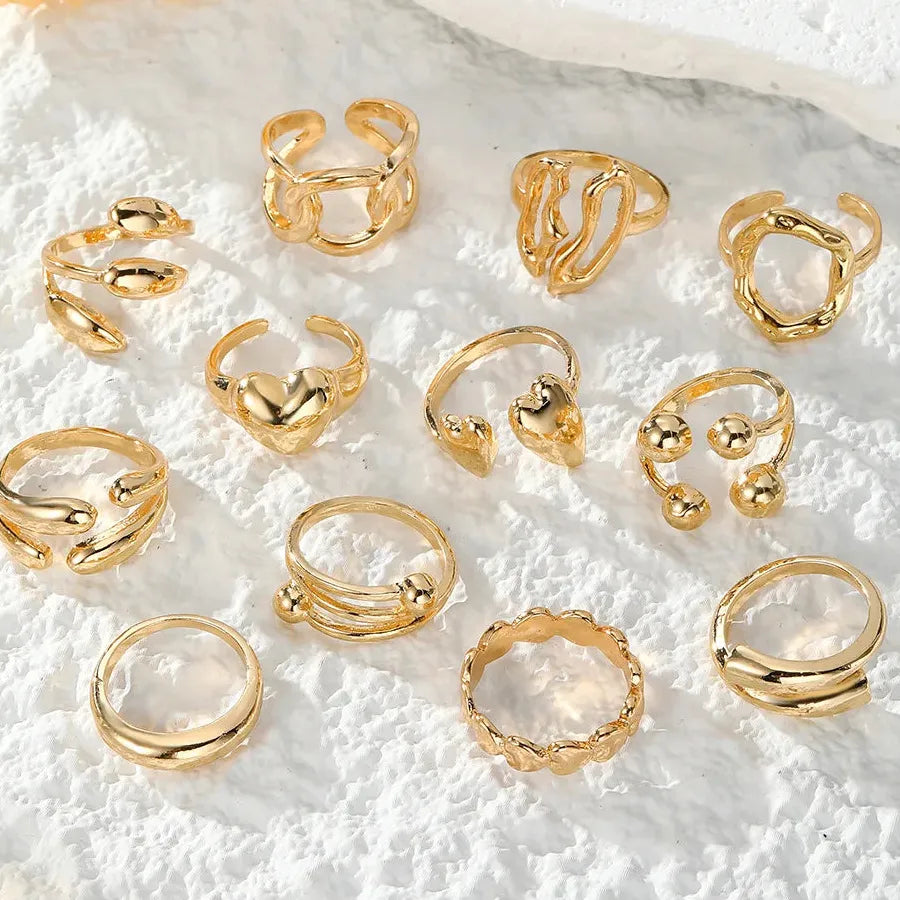 12Pcs Vintage Irregular Heart-Shaped Open Rings Set for Women Fashion Jewelry