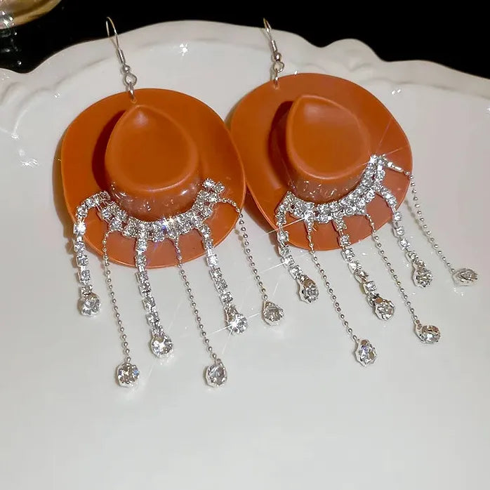 Cowboy Hat Tassel Earrings Women Copper Alloy Rhinestone Drop Y2K Jewelry