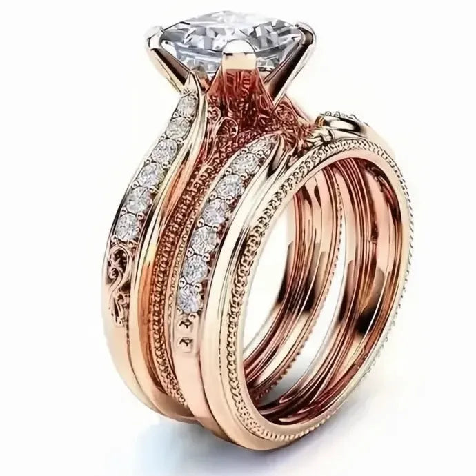2Pcs Bridal Wedding Rings Set Cubic Zirconia Brass Jewelry Delicate