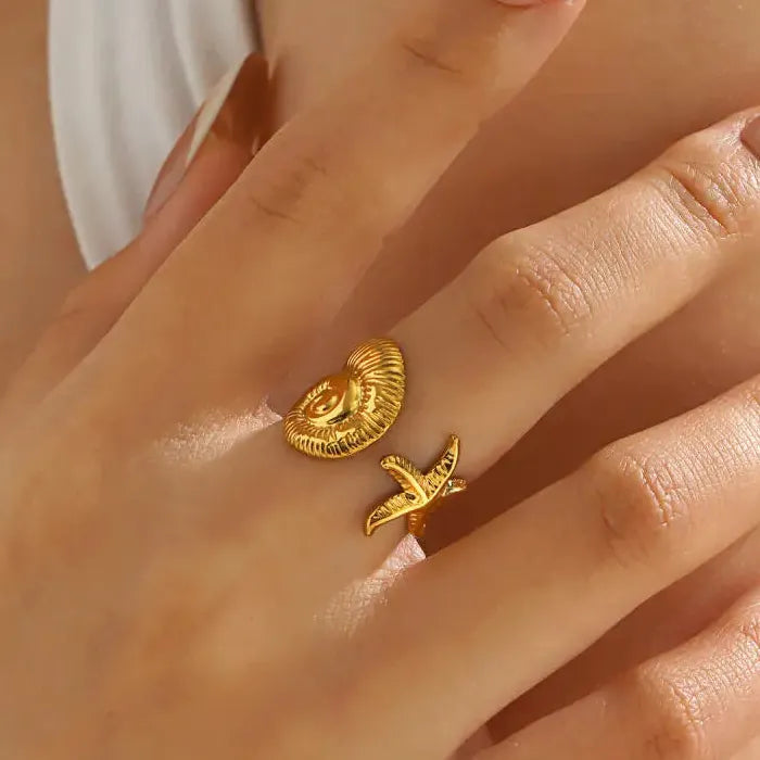 Boho Stainless Steel Sea Star Conch Open Ring Adjustable Men Women Beach Jewelry
